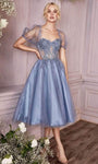 A-line Corset Natural Waistline Beaded Back Zipper Applique Open-Back Puff Sleeves Sleeves Tea Length Sweetheart Dress