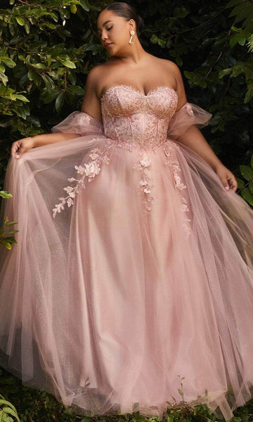 Plus Size A-line Sweetheart General Print Puff Sleeves Sleeves Glittering Applique Open-Back Beaded Flower(s) Sheer Back Zipper Corset Natural Waistline Prom Dress with a Brush/Sweep Train
