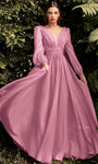 A-line V-neck Natural Waistline Bishop Sleeves Back Zipper Shirred Illusion Open-Back Sheer Ruched Evening Dress/Bridesmaid Dress/Mother-of-the-Bride Dress/Prom Dress with a Brush/Sweep Train