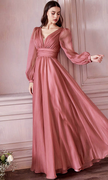 A-line V-neck Natural Waistline Bishop Sleeves Sheer Illusion Back Zipper Ruched Shirred Open-Back Evening Dress/Bridesmaid Dress/Mother-of-the-Bride Dress/Prom Dress with a Brush/Sweep Train