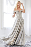 Tall A-line V-neck Off the Shoulder Plunging Neck Back Zipper Open-Back Slit Illusion Natural Waistline Metallic Floor Length Dress