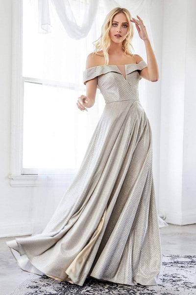 Tall A-line V-neck Off the Shoulder Natural Waistline Plunging Neck Metallic Slit Open-Back Illusion Back Zipper Floor Length Dress