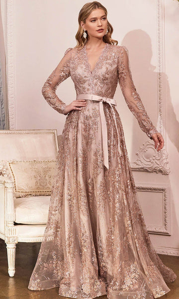 A-line V-neck Lace Long Sleeves Floor Length Sweetheart Natural Waistline Beaded Illusion Fitted Sheer Evening Dress/Bridesmaid Dress/Mother-of-the-Bride Dress/Prom Dress