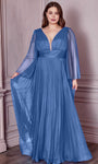 A-line V-neck Bell Sleeves Sheer Illusion Pleated Shirred Plunging Neck Natural Waistline Evening Dress/Bridesmaid Dress/Mother-of-the-Bride Dress/Prom Dress with a Brush/Sweep Train