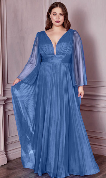 A-line V-neck Illusion Pleated Shirred Sheer Bell Sleeves Plunging Neck Natural Waistline Evening Dress/Bridesmaid Dress/Mother-of-the-Bride Dress/Prom Dress with a Brush/Sweep Train