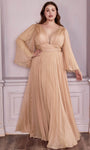 A-line V-neck Bell Sleeves Natural Waistline Pleated Shirred Sheer Illusion Plunging Neck Evening Dress/Bridesmaid Dress/Mother-of-the-Bride Dress/Prom Dress with a Brush/Sweep Train