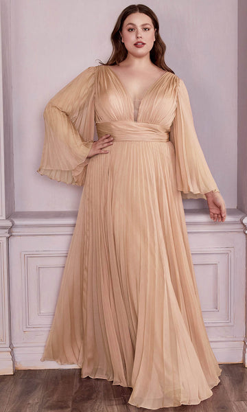 A-line V-neck Bell Sleeves Plunging Neck Natural Waistline Pleated Shirred Sheer Illusion Evening Dress/Bridesmaid Dress/Mother-of-the-Bride Dress/Prom Dress with a Brush/Sweep Train