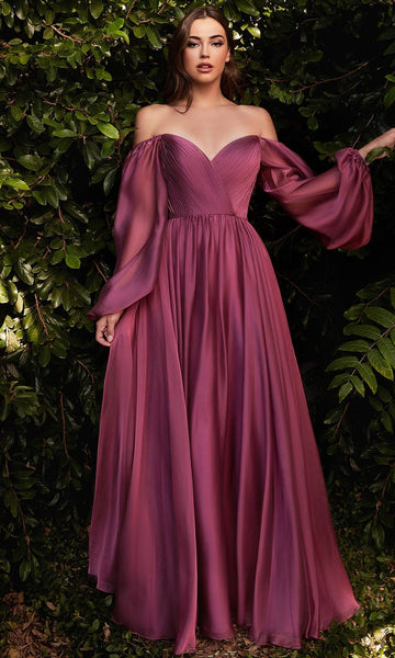 A-line Open-Back Back Zipper Pleated Ruched Natural Waistline Bishop Flutter Sleeves Sweetheart Evening Dress/Bridesmaid Dress/Mother-of-the-Bride Dress/Prom Dress with a Brush/Sweep Train
