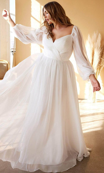 Plus Size A-line Natural Waistline Sweetheart Back Zipper Open-Back Sheer Ruched Pleated Bishop Flutter Long Sleeves Chiffon Wedding Dress with a Brush/Sweep Train