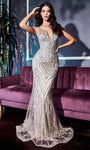 Tall V-neck Metallic Mermaid Plunging Neck Natural Waistline Sleeveless Illusion Open-Back Beaded Sheer Back Zipper Prom Dress with a Brush/Sweep Train