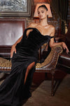 Off the Shoulder Natural Waistline Floor Length Velvet Slit Pleated Dress With a Ribbon