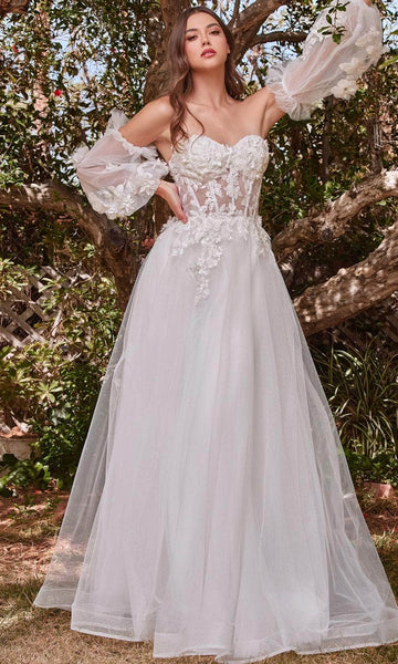 A-line Back Zipper Open-Back Sheer Sheer Bishop Sleeves Off the Shoulder Corset Natural Waistline Floral Print Sweetheart Wedding Dress