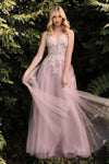 A-line V-neck Sleeveless Tulle Empire Waistline Back Zipper Floral Print Fall Evening Dress