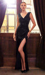 V-neck Floor Length Fitted Faux Wrap Slit Sequined Gathered Cap Sleeves Sheath Natural Waistline Sheath Dress