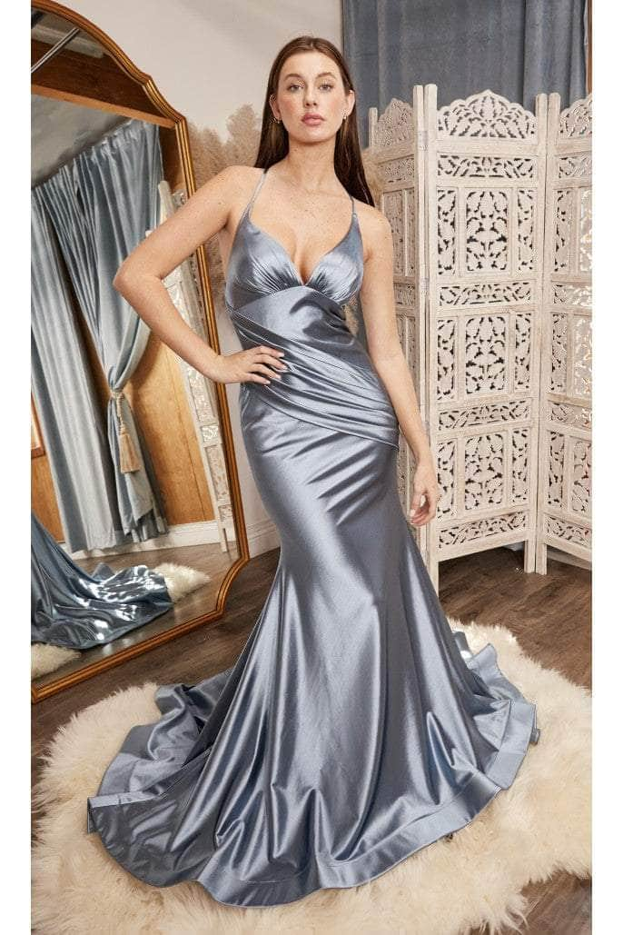 Cinderella Divine - CH236 Open Back Ruched Satin Evening Gown
