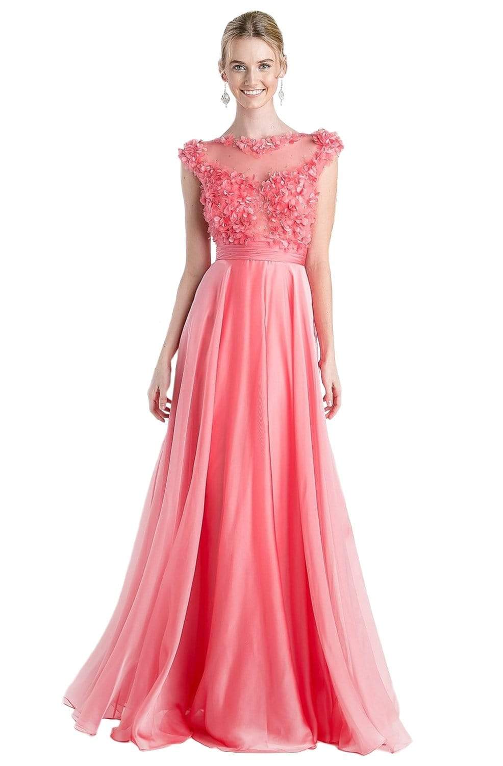 Cinderella Divine - CJ218 Applique Bateau Chiffon A-line Dress
