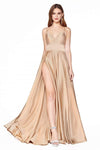 A-line Natural Waistline Spaghetti Strap Satin Fitted Open-Back Slit Sheer Floor Length Plunging Neck Sweetheart Dress with a Brush/Sweep Train