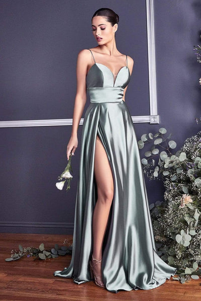 A-line Plunging Neck Sweetheart Floor Length Satin Natural Waistline Slit Fitted Sheer Open-Back Spaghetti Strap Dress with a Brush/Sweep Train