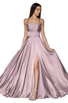 Sexy A-line Empire Waistline Open-Back Slit Satin Sleeveless Spaghetti Strap Straight Neck Dress with a Brush/Sweep Train