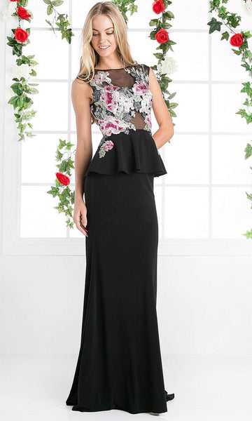 Sophisticated Jeweled Neck Floral Print Sleeveless Illusion Peplum Embroidered Sheer Back Zipper Sheath Floor Length Natural Waistline Sheath Dress/Evening Dress with a Brush/Sweep Train