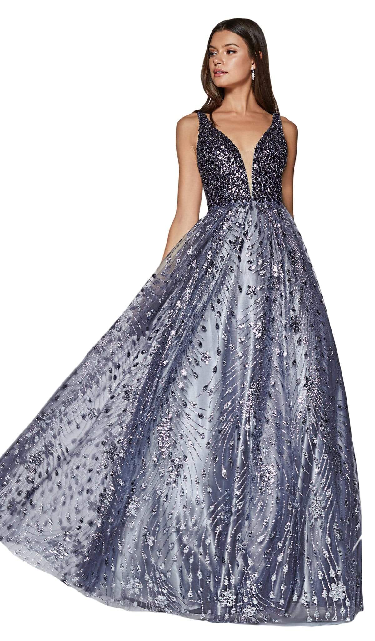 Cinderella Divine - CM9010 Glitter Plunging V-Neck Gown
