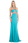 Sheath Halter Knit Racerback Jeweled Side Zipper Sheer Illusion Natural Waistline Sheath Dress with a Brush/Sweep Train