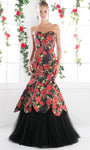 Strapless Floral Print Tulle Mermaid Lace-Up Fitted Floor Length Sweetheart Natural Waistline Evening Dress with a Brush/Sweep Train