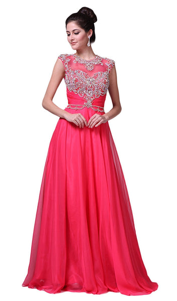 Sophisticated A-line Jeweled Neck Sweetheart Illusion Cutout Ruched Crystal Sheer Cap Sleeves Chiffon Evening Dress with a Brush/Sweep Train