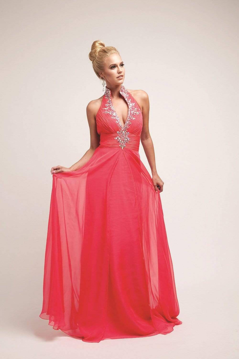 Cinderella Divine - Crystal Embellished Ruched High Neck Evening Dress
