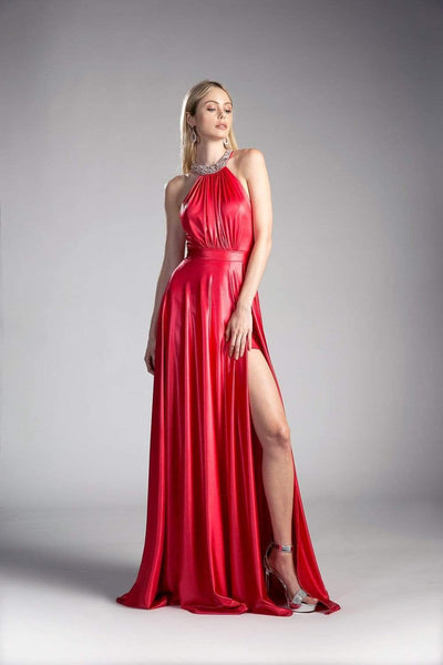 A-line Sleeveless Open-Back Ruched Slit Halter Floor Length Short Natural Waistline Evening Dress with a Brush/Sweep Train With a Ribbon