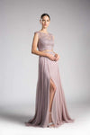 A-line Illusion Fitted Glittering Sheer Cap Sleeves Natural Waistline Bateau Neck Floor Length Dress with a Brush/Sweep Train