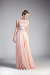 A-line Floor Length Glittering Illusion Sheer Fitted Natural Waistline Bateau Neck Cap Sleeves Dress with a Brush/Sweep Train