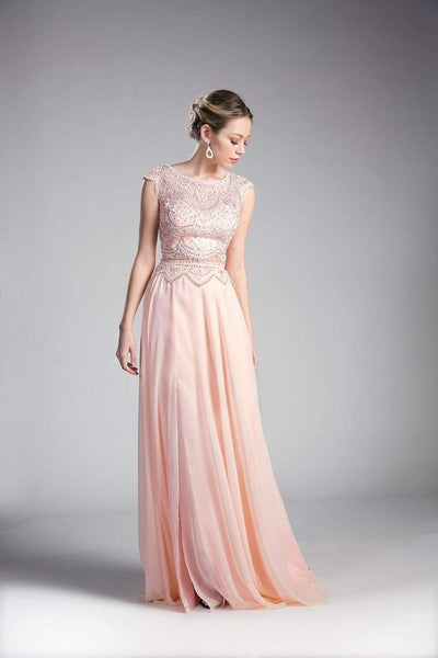 A-line Cap Sleeves Bateau Neck Natural Waistline Glittering Illusion Sheer Fitted Floor Length Dress with a Brush/Sweep Train