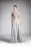 A-line Natural Waistline Bateau Neck Cap Sleeves Glittering Sheer Fitted Illusion Floor Length Dress with a Brush/Sweep Train