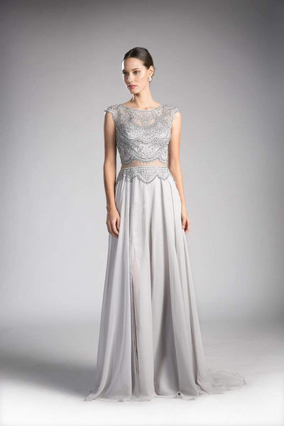 A-line Cap Sleeves Bateau Neck Sheer Fitted Glittering Illusion Floor Length Natural Waistline Dress with a Brush/Sweep Train