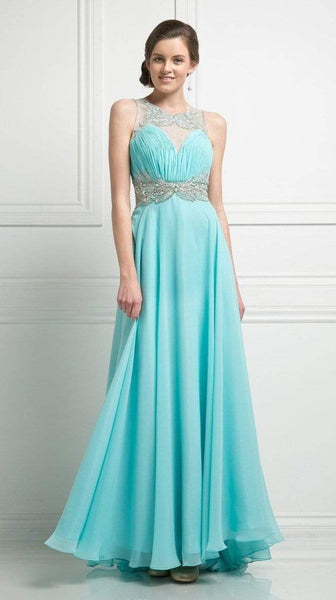 A-line Chiffon Sleeveless Bateau Neck Floor Length Illusion Ruched Sequined Glittering Open-Back Beaded Evening Dress with a Brush/Sweep Train