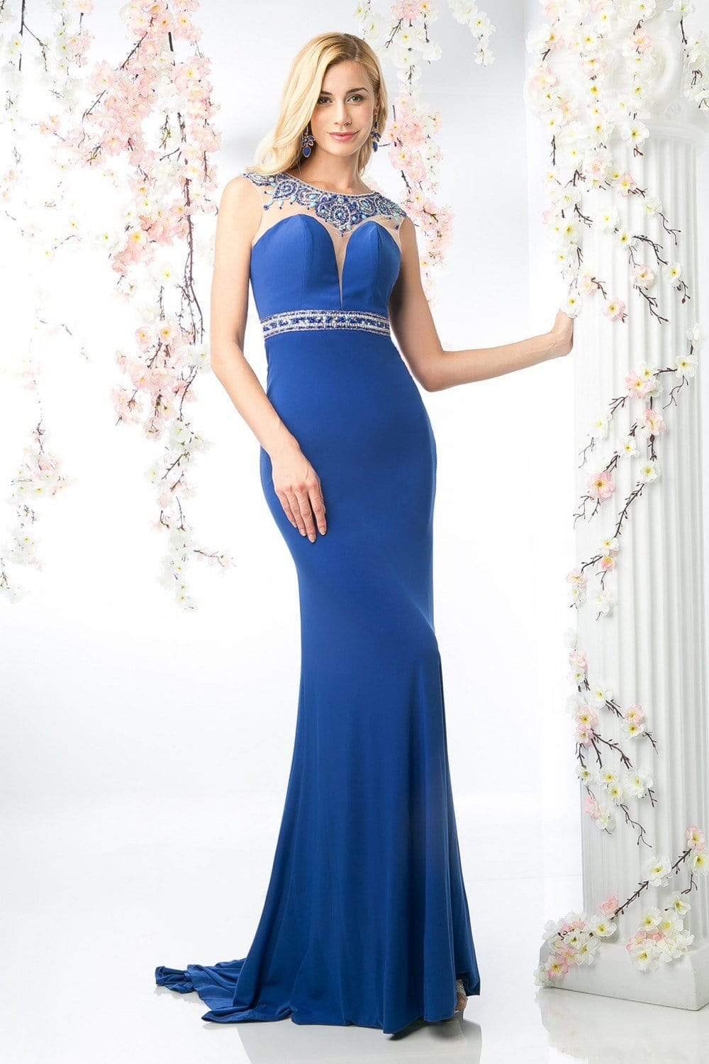 Cinderella Divine - 8746 Embellished Illusion Bateau Neck Sheath Dress
