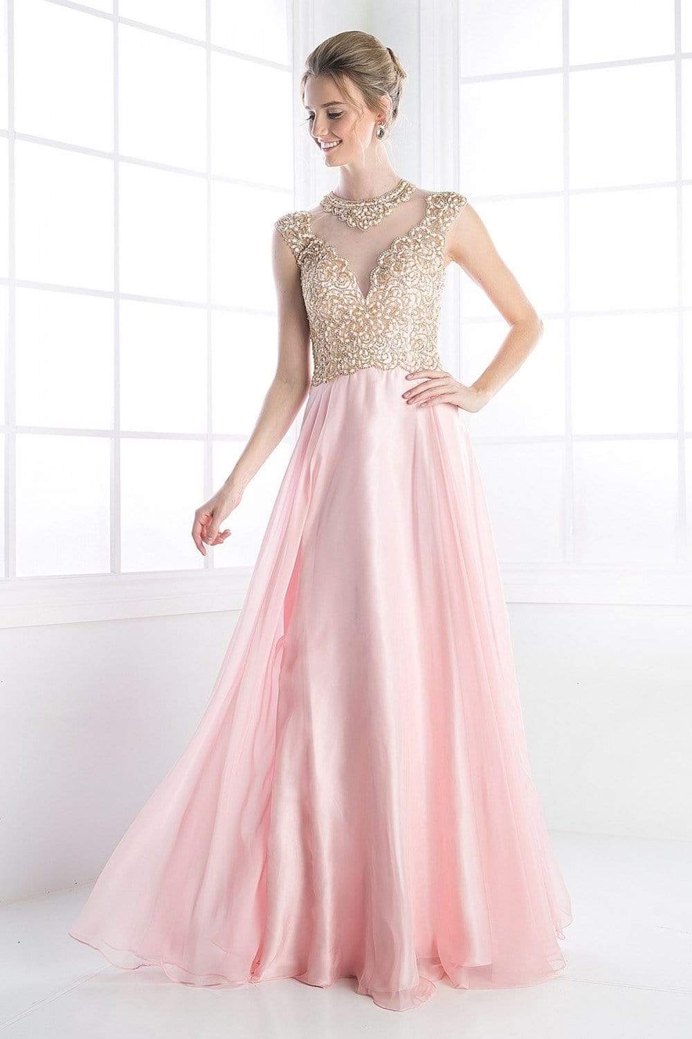 Cinderella Divine - Embellished Illusion Jewel Neck A-line Gown