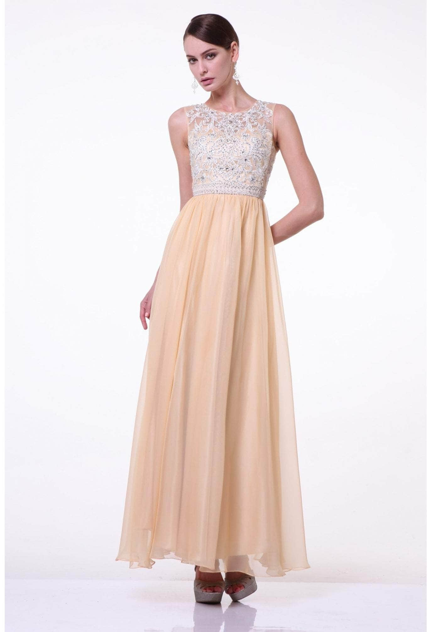 Cinderella Divine - Embellished Jewel Neck A-line Chiffon Evening Gown
