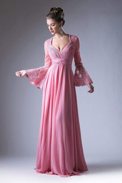 A-line Lace Empire Waistline Bell Sleeves Ruched Vintage Back Zipper Floor Length Queen Anne Neck Evening Dress