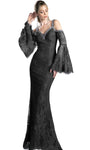 V-neck Floor Length Sheath Lace Bell Cold Shoulder Sleeves Fitted V Back Sheath Dress