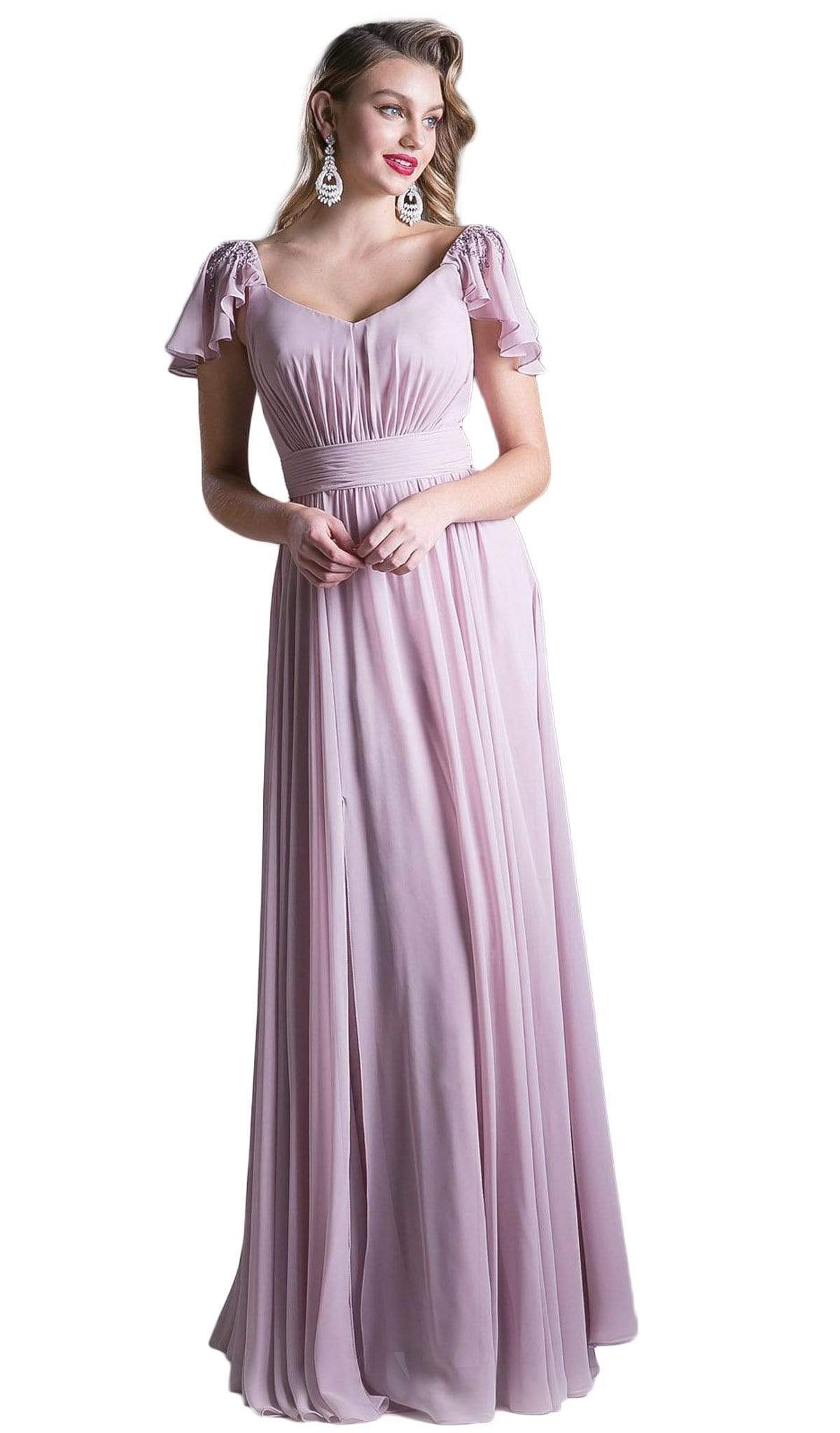 Cinderella Divine - Embellished Ruched Wide V-neck A-line Dress