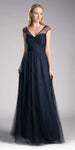 A-line V-neck Tulle Natural Waistline V Back Gathered Sheer Pleated Mesh Floor Length Sweetheart Fall Sleeveless Dress