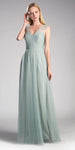 A-line V-neck Pleated Gathered Sheer Mesh V Back Tulle Fall Natural Waistline Floor Length Sweetheart Sleeveless Dress