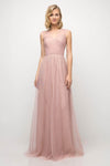 A-line V-neck Sleeveless Floor Length Natural Waistline Pleated Back Zipper Sheer V Back Tulle Prom Dress with a Brush/Sweep Train