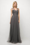 A-line V-neck Sleeveless Floor Length Sheer V Back Pleated Back Zipper Natural Waistline Tulle Prom Dress with a Brush/Sweep Train