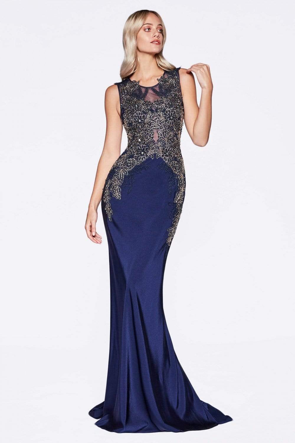 Cinderella Divine - Floral Applique Illusion Bateau Sheath Dress
