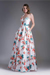 A-line Floral Print Floor Length Pleated Back Zipper Fitted Open-Back Sweetheart Sleeveless Spaghetti Strap Natural Waistline Evening Dress/Prom Dress