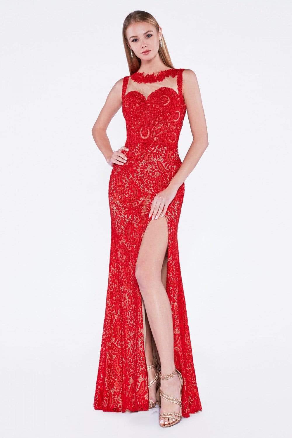 Cinderella Divine - Illusion Jewel Neck Lace Evening Gown with Slit