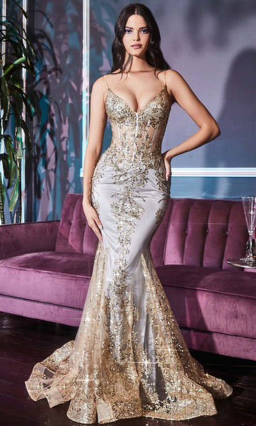 V-neck Fit-and-Flare Mermaid Corset Natural Waistline Sleeveless Fitted Semi Sheer V Back Back Zipper Sequined Sheer Evening Dress/Prom Dress with a Brush/Sweep Train